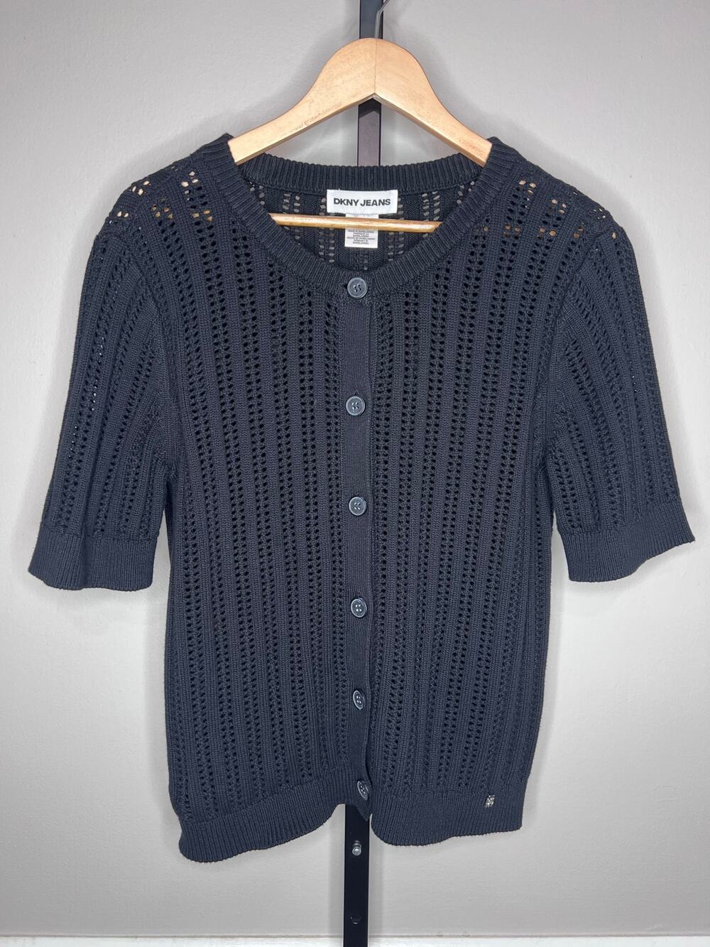 DKNY Jeans Black Pointelle Knit Short Sleeve Cardigan Sweater Size Large